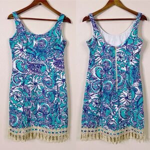 Lilly Pulitzer Eaton Shift Dress Size 4 Tassels Montauk Seafoam Green Blue Teal